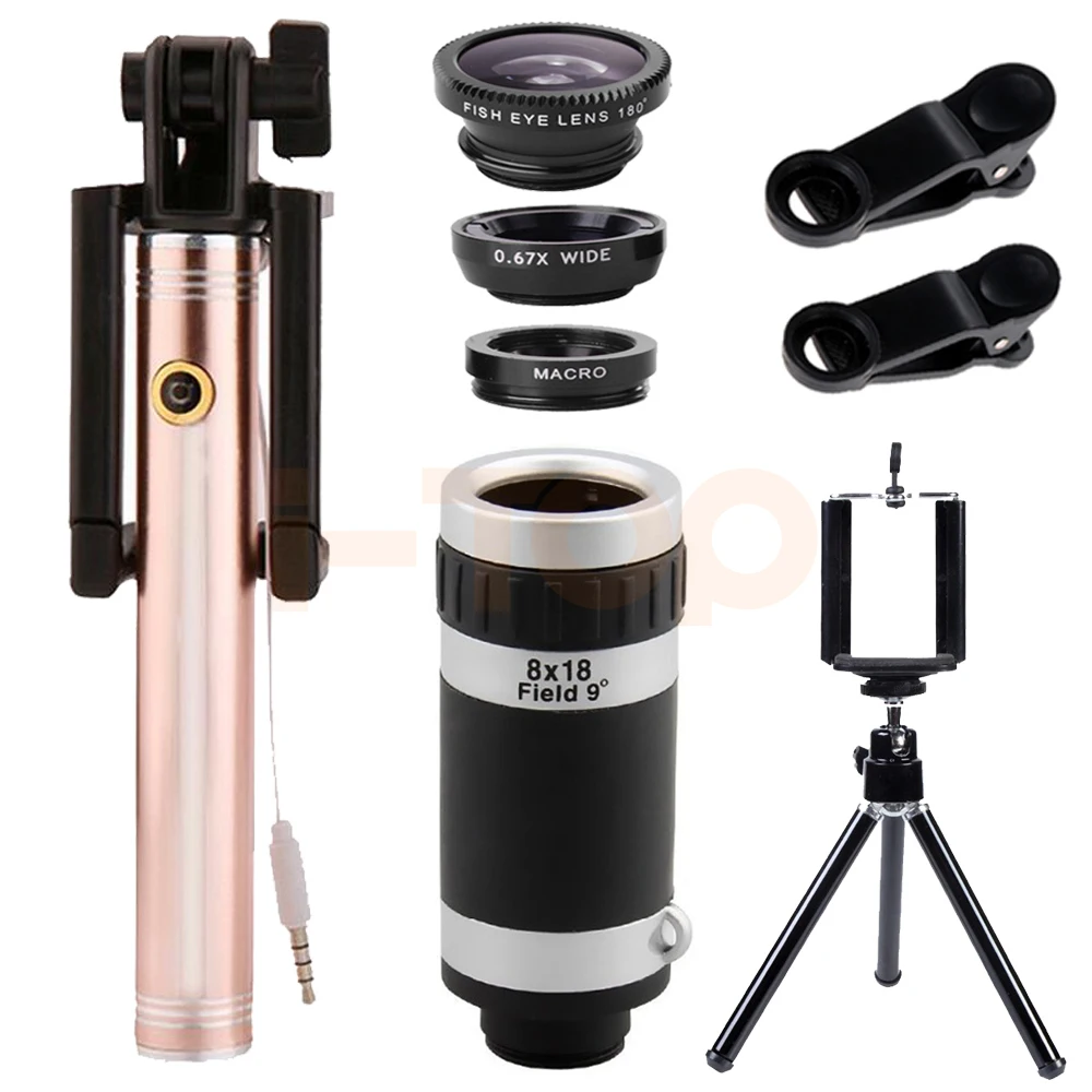 2017 المحمول ترايبود Monopod 8X آلة تكبير تليفوتوغرافي Lentes واسعة زاوية عدسة عين سمكة دقيقة ل فون 6 6 ثانية 7 8 زائد هاتف محمول العدسات كيت