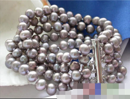 

free shipping 01148 5ROW GRAY ROUND FRESHWATER CULTURED PEARL BRACELET