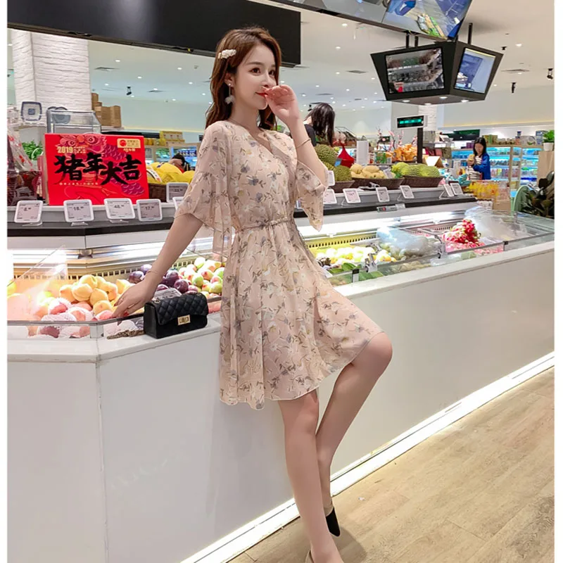 Женское летнее шифоновое мини-платье с принтом, корейское офисное Повседневное платье с расклешенными рукавами, новые винтажные вечерние трапециевидные платья с v-образным вырезом - Цвет: fen