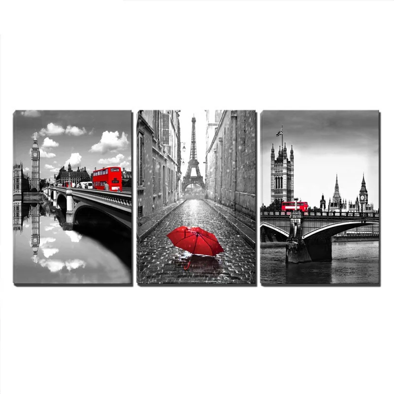 Diy 5d алмазная вышивка крестиком 3 шт Черно-Белая Башня Парижа с красный зонт большие часы Лондона с красным автобусом WHH