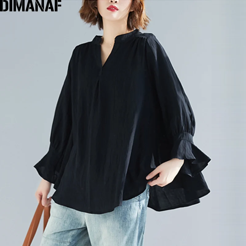 

DIMANAF Plus Size Women Blouse Shirt Vintage Summer Lady Tops Tunic V-Neck Female Clothes Loose Casual Long Sleeve Solid 2019