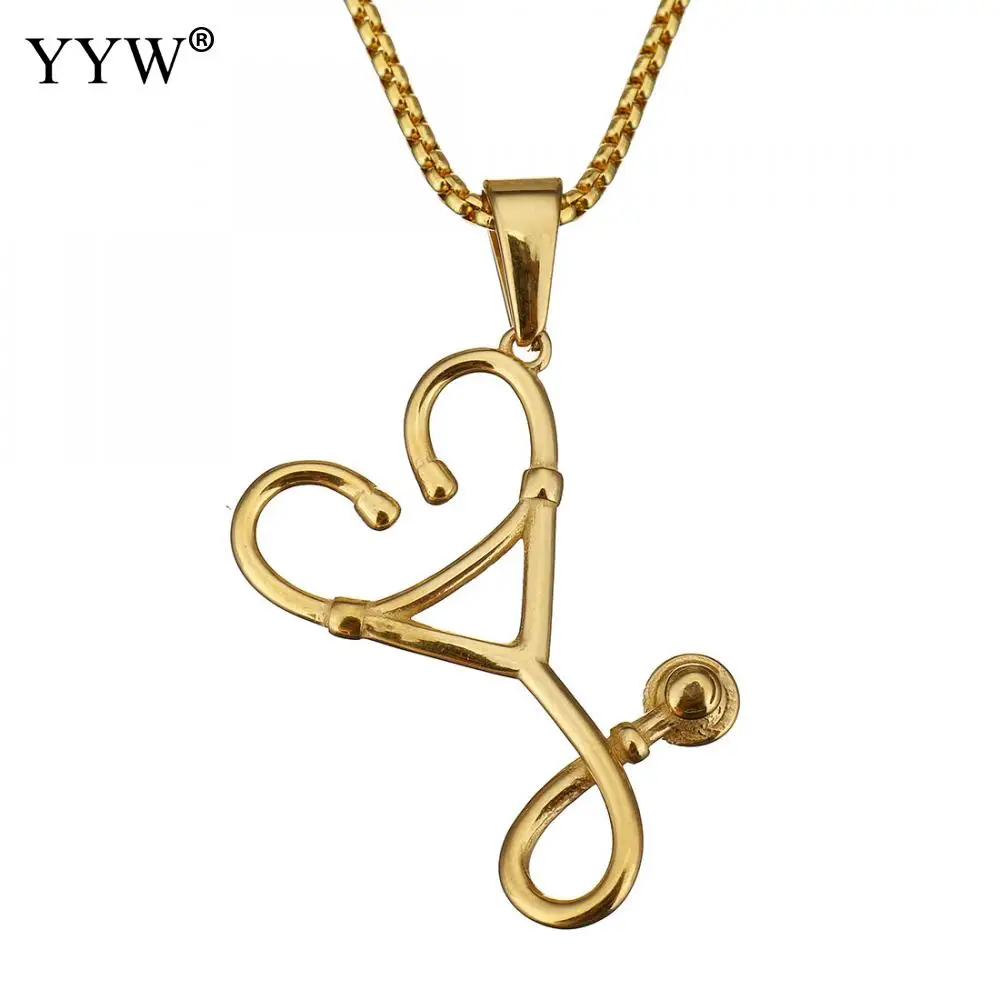 

Medical Stethoscope Heart Pendant Necklace Nurse Doctor Gold Color Gifts Fashion Women Men Jewelry Gifts Approx 18 Inch Strand