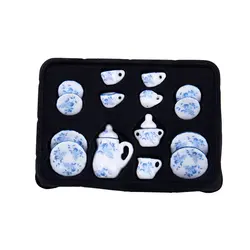 Кукольный Миниатюрный чайный сервиз, керамический, синий и белый, 17 шт