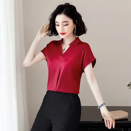 Размер Плюс шифоновая блузка женская женская одежда v-образный вырез Офисная Женская блузка рубашки женские с коротким рукавом женские топы 4510 50 - Цвет: Wine Red