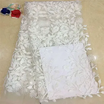 

2018 French Lace Fabric White Sequins Wedding High Quality African Tulle Lace Fabric 5Yard Embroidered Tulle Lace fabricHJ1218-1