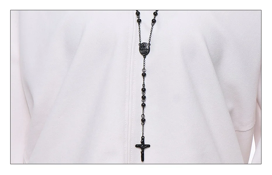 Meaeguet 76cm Chain Black Stainless Steel Bead Chain Rosary Jesus Christ Cross Pendant Long Charm Necklace For Men (2)