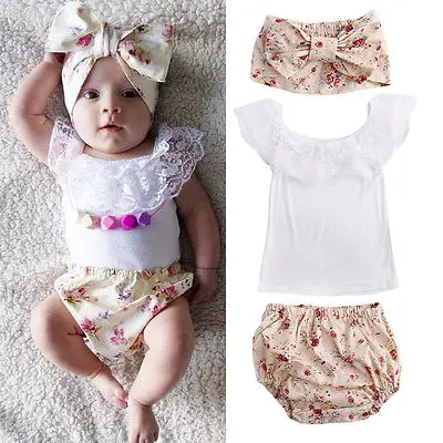 

3pcs Baby Girl Lace Tops T-shirt+Floral Short Pant Bottoms Outfits Set Clothes