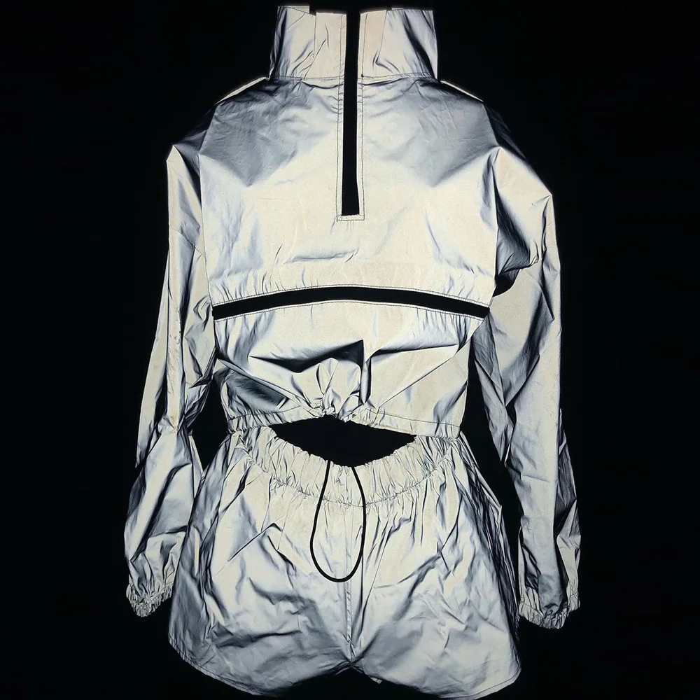 Women Tracksuits 2 Piece Set Reflective Crop Top Shorts Fashion Female Loose Zipper Shine Jacket Coat Trouser Plus Size | Женская одежда