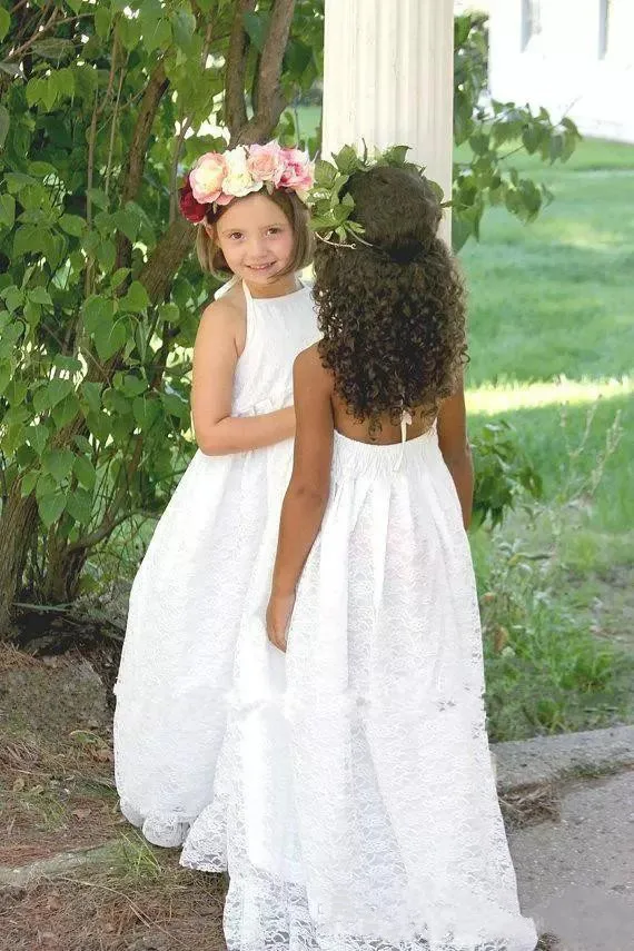 Новые пляжные платья для девочек с цветочным принтом в стиле бохо на свадьбу, кружевное длинное платье без рукавов с открытой спиной для первого причастия любого размера - Цвет: Белый