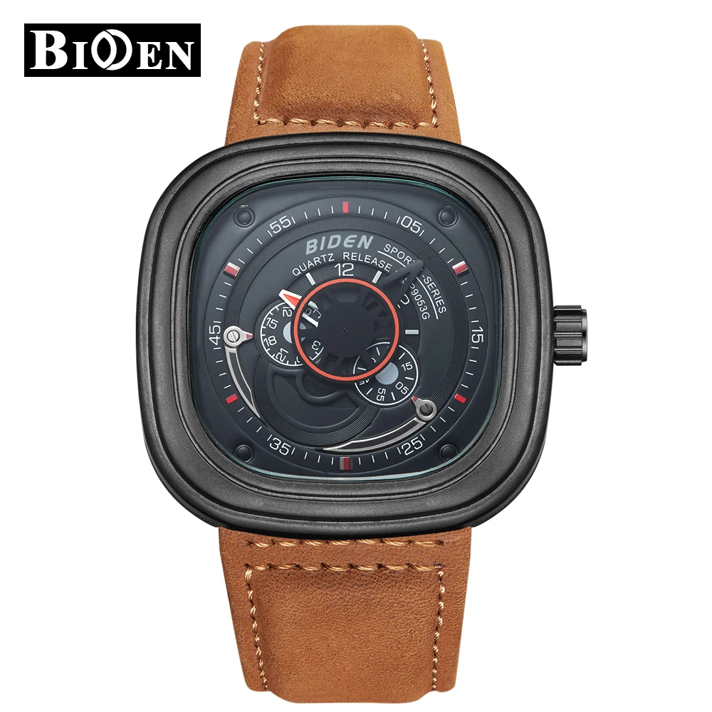  Top Brand BIDEN Men Watches Luxury Quartz Analog Leather Turbine Clock Wristwatches Mens Waterproof