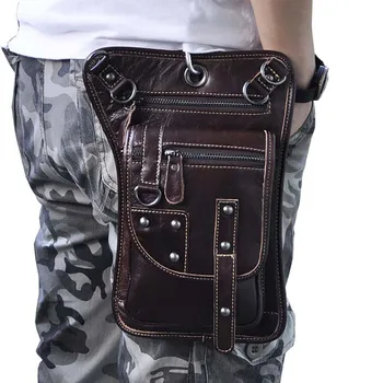 

Oil Wax Genuine Leather Shoulder Messenger Fanny Bags Men Motorcycle Rider Punk Rock High Quality Hook Belt Waist Pack Bag