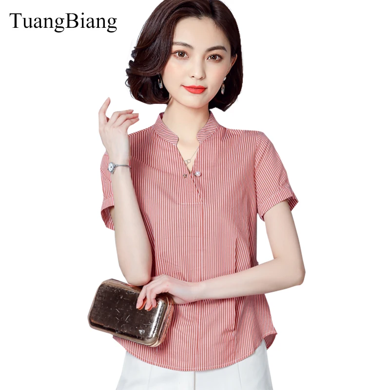 

TuangBiang 2018 Summer Short Sleeve Stand Collar Shirt Women White Striped Diamonds Chiffon Blouse New Loose office Blue Tops