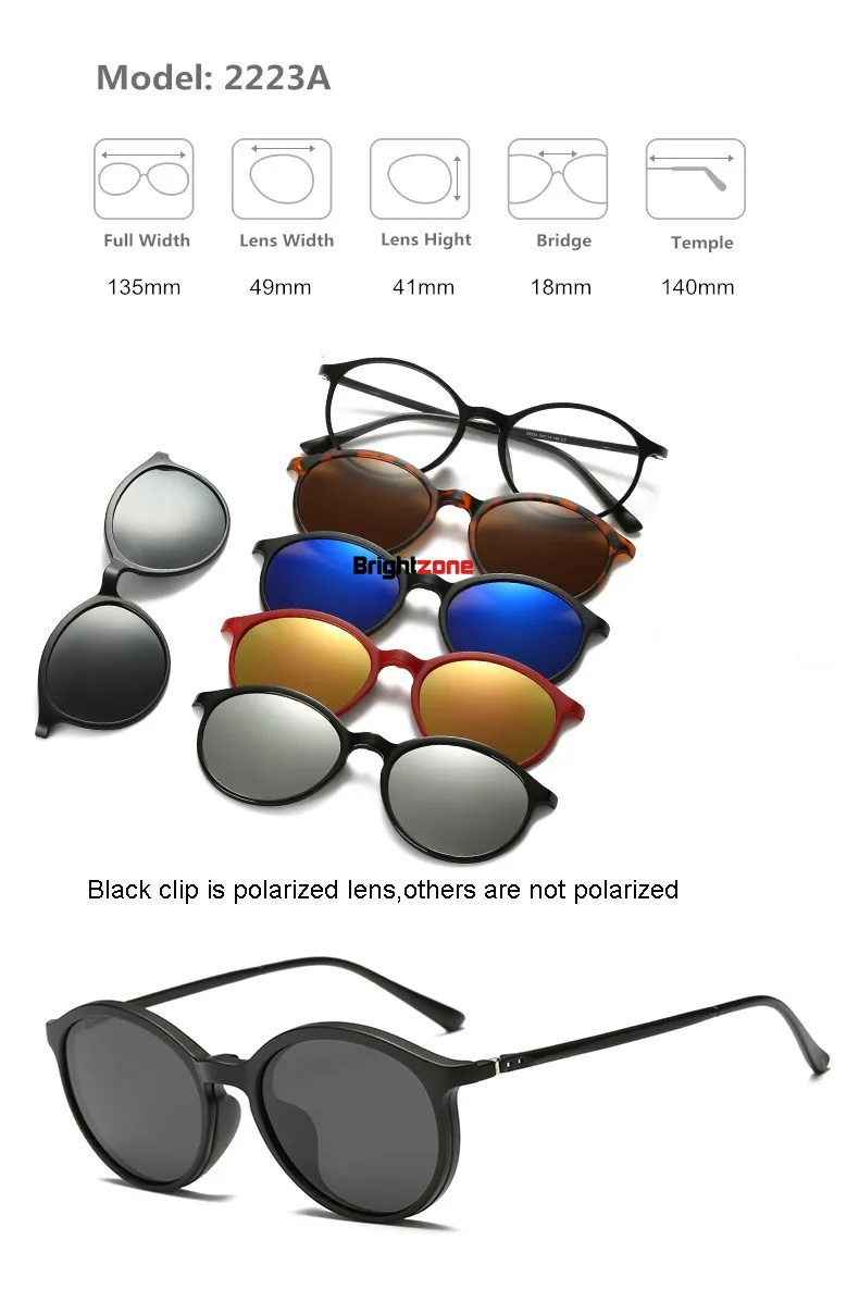 Brightzone 5+ 1 набор, очки для женщин и мужчин, зеркальные поляризованные магнитные солнцезащитные очки с клипсой, по рецепту, близорукость, дальнозоркость, астигматизм - Цвет линз: 2223A