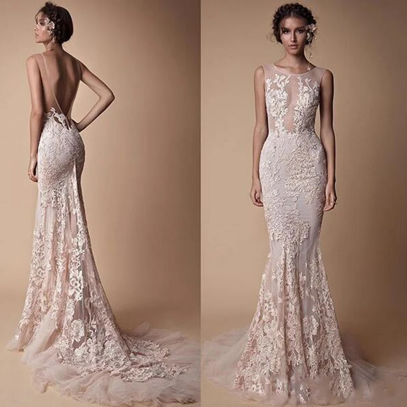 

Fashion Lace Applique Mermaid Prom Gowns Evening Wear 2018 Sheer Neck Backless Full length Fishtail Pageant Party Dress Cheap