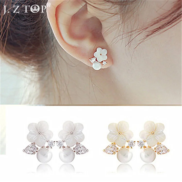 

JZTOP Shell Petal Daisy Flower Stud Earrings Fine Rhinestone Zircon Imitation Pearl Earrings Needles Hypoallergenic
