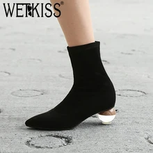 WETKISS/прозрачные женские ботильоны на высоком каблуке; обувь из флока на резиновой подошве; растягивающиеся сапоги; обувь черного цвета с острым носком; Новинка года