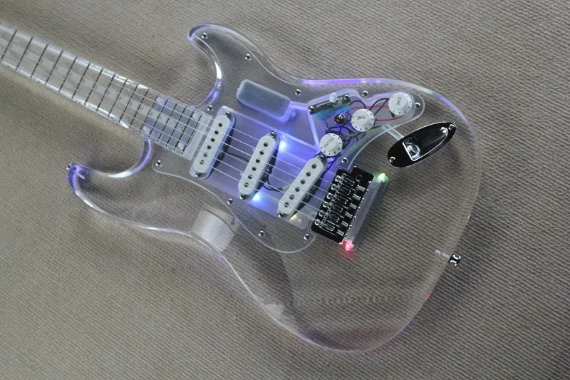 

free shipping fully Acrylic body and neck led light electric guitar acrylic guitar