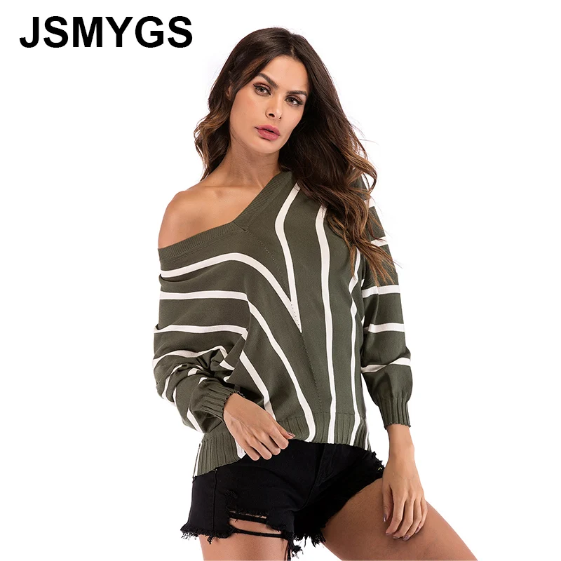 

JSMYGS 2018 Autumn Winter Sweater Women Striped V-neck Pullover Loose Bat Sleeve Fashion Knitting Base Knitwear Oversized Tops