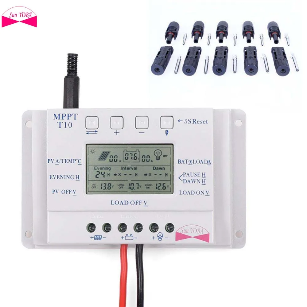 

SUN YOBA LCD 10A 12/24V MPPT Solar Regulator Charge Panel Battery Three-time Controller+5 pairs MC4 Solar Panel Cable Connector