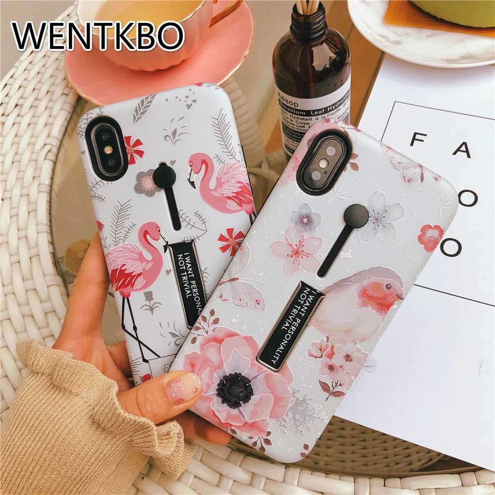 High Quality Phone Case For iphone X XS MAX XR Rose Flower Flamingo Cover 6 6s 7 8 Plus Hide Ring Stand Holder Cases |