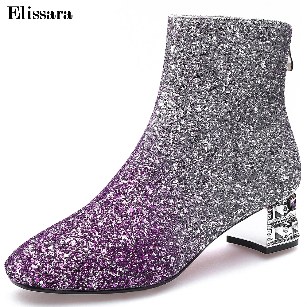 

Elissara Exact Heel Height Women Mid Heels Ankle Winter Boots Shoes Woman Zip Bling Round Toe Party Boots Plus Size 32-42