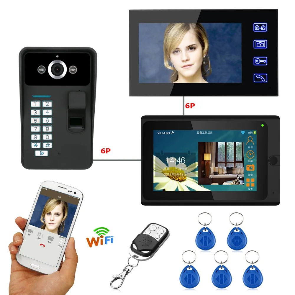 Yobangsecurity 2x7 дюймов Мониторы Wi-Fi Беспроводной видео-телефон двери Дверные звонки Камера домофон Системы с отпечатков пальцев RFID пароль