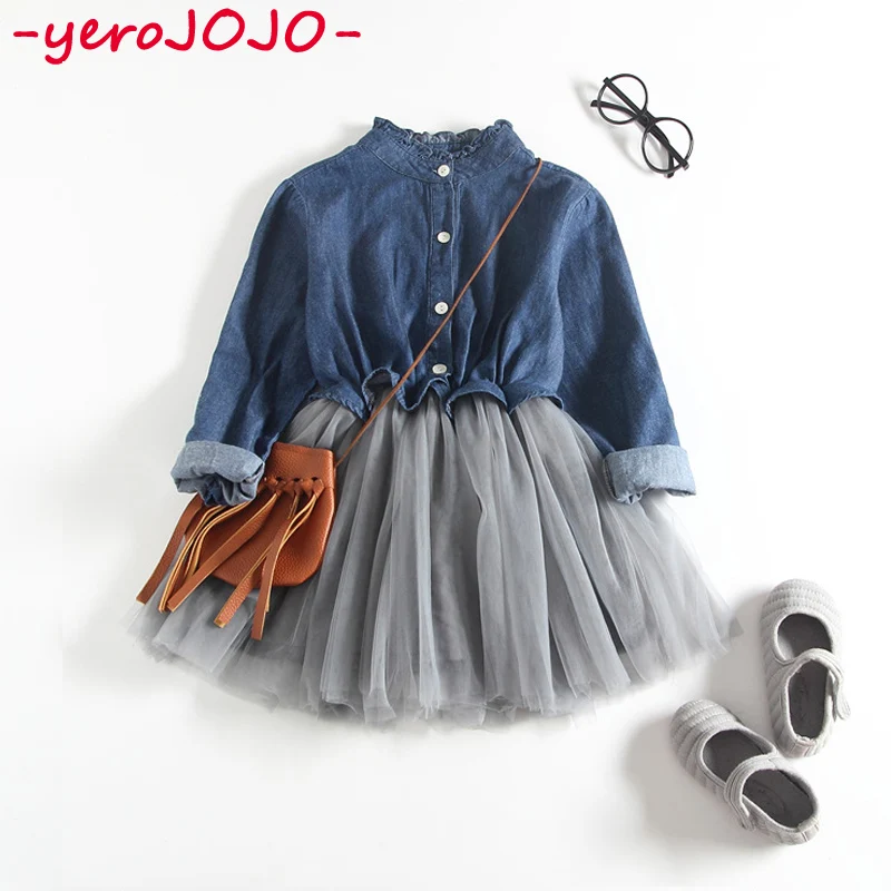 

3-8Years Girls Denim Dress 2018 Spring And Summer New Long-sleeved Mesh Stitching Dresses Baby Girl Cowboy Princess Pettiskirt