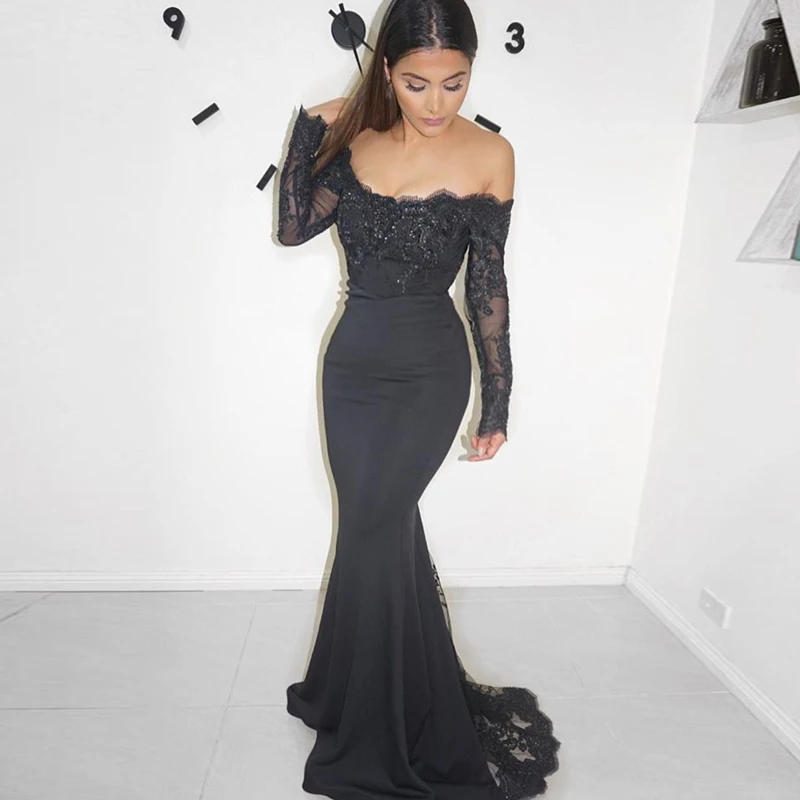

Slash Neck Black Lace Mxi Dress Patchwork Off The Shoulder Hollow Out Full Sleeved Dress Backless Evening Party Dress