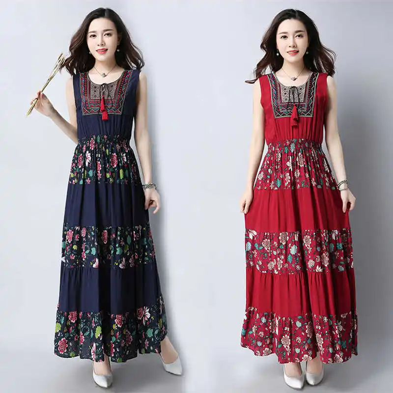 

New National Women's Summer Dress Sleeveless Casual A-Line Thin Cotton Linen Long Dress Embroidered Pleated Dress