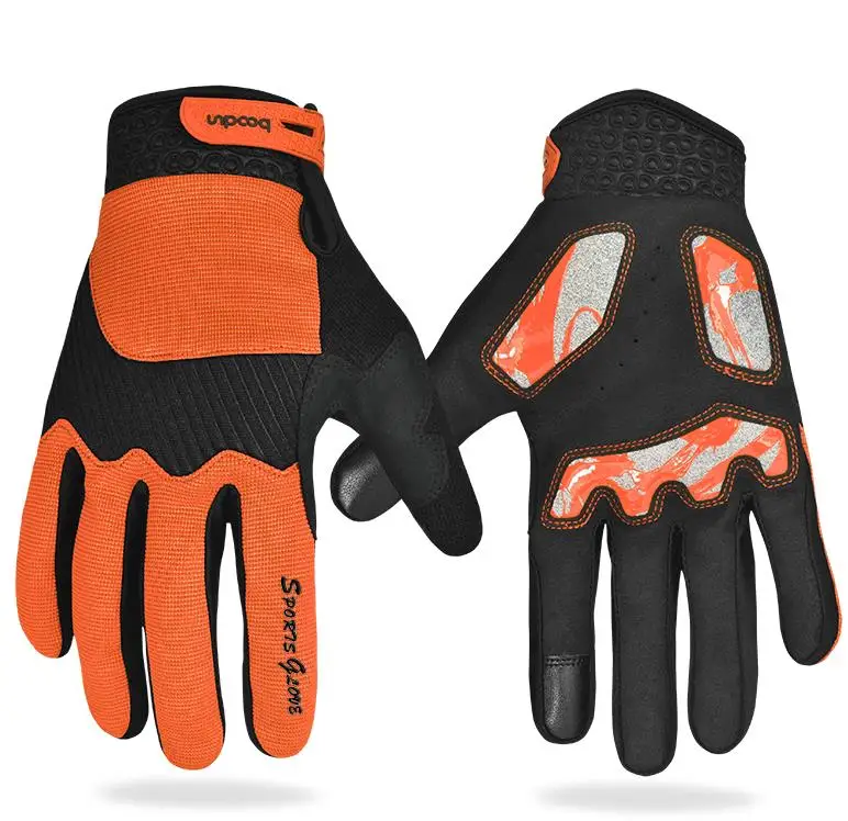 Boodun мужские велосипедные перчатки женские полный палец MTB велосипедные перчатки Нескользящие с сенсорным экраном гелевые Мягкие лайкра велосипедные перчатки варежки - Цвет: Оранжевый