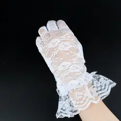 Для женщин короткие кружевные перчатки наручные Длина Цветочные перчатки для белый