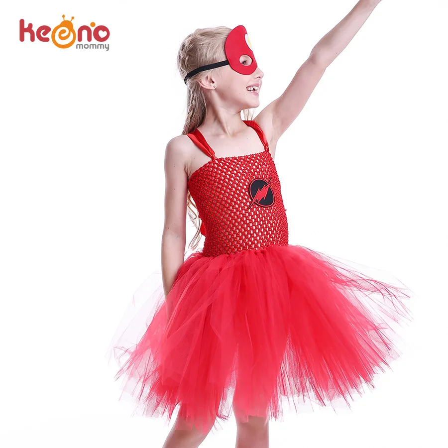 

Girl Flash Superhero Tutu Dress Costume with Mask Kids Birthday Party Halloween Purim Clothing Cosplay Photo Props Dress