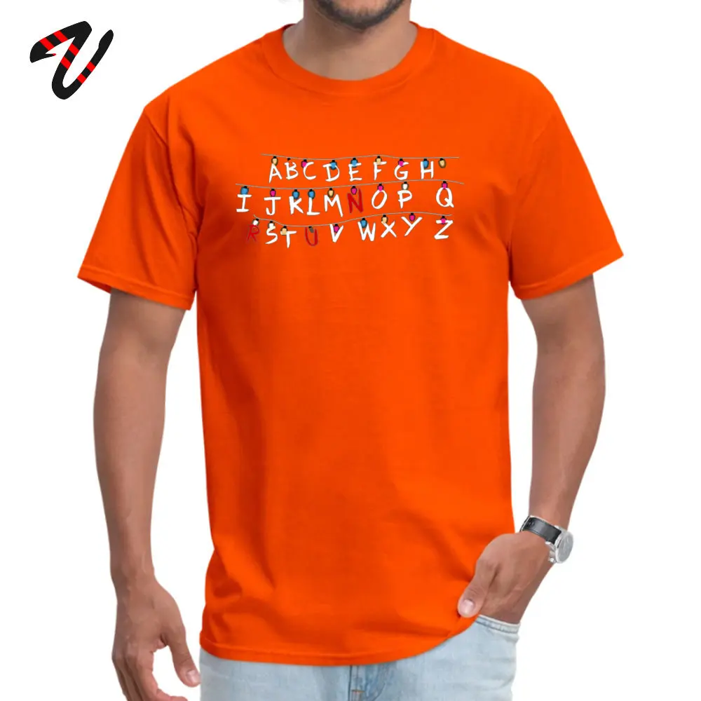 Stranger things RUN lights Round Collar Tshirts Labor Day T Shirt Short Sleeve Funny Cotton Fabric Printed T Shirt Unique Men Stranger things RUN lights -19900 orange