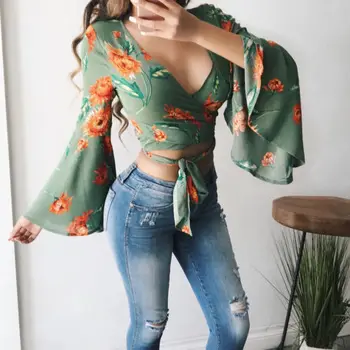 

Summer Fashion Women Long Sleeve Blouse Sexy V-Neck Ladies Tops Flare Sleeve Women Clothes Summer Blouses