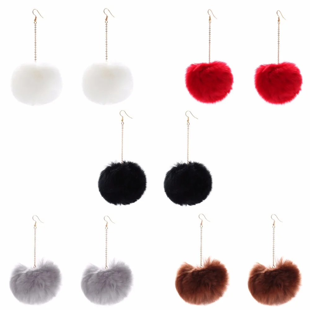 Ingesight.Z 5 Colors Exaggerated Rabbit Hair Pompon Chain Dangle Drop Earrings for Women Cony Hair Plush Ball Eardrop Brincos