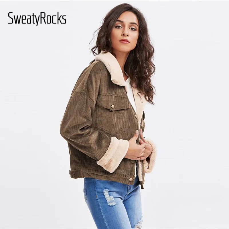 SweatyRocks Fleece Inside Drop Shoulder Corduroy Jacket Women 2018