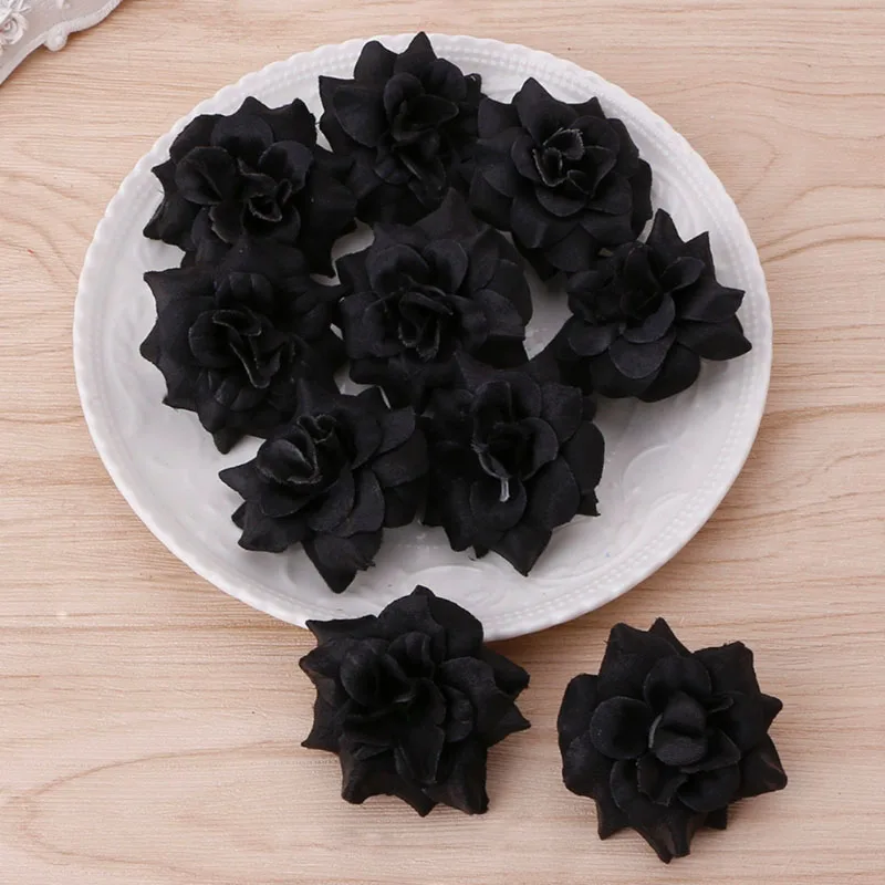 10 шт., искусственные цветы, голова розы, сделай сам, для дома, свадебные украшения, W315 - Цвет: Черный