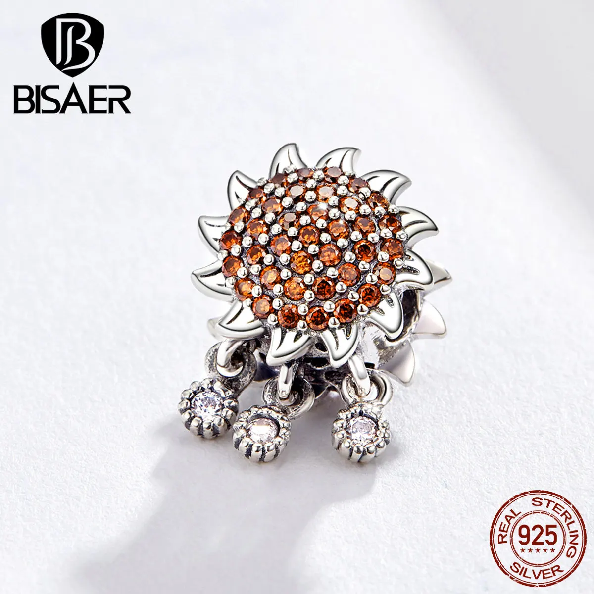 

BISAER SunFlower Beads 925 Sterling Silver Zircon Sunny Flowers Shape Charms fit Charm Bracelets Sterling Silver Jewelry ECC1190
