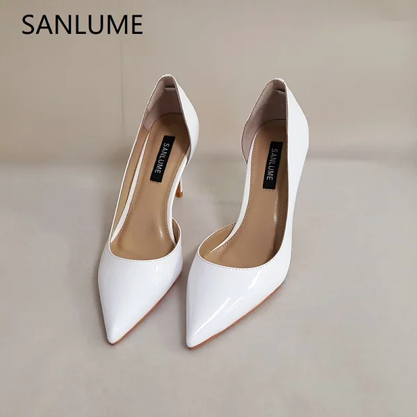 SANLUME/белые лакированные туфли-лодочки на высоком каблуке 8,5 см; офисные туфли; женские элегантные туфли ручной работы из воловьей кожи с острым носком на тонком каблуке - Цвет: WHITE PATENT