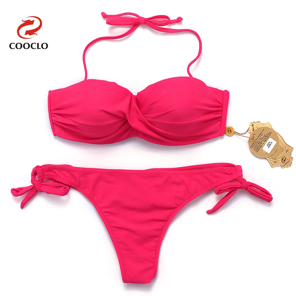 COOCLO Solid Color Sexy Bikini 2019 Women Swimwear Halter Push up Gathered Bikinis Brazilian Bottom Beach Wear Swimsuit Biquinis
