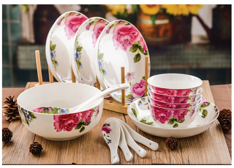 14 piece set, real bone china dinnerware set, floral painting, ceramic