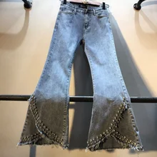 Новые весенние джинсовые брюки с перфорацией; тяжелый просверленные с алмазным кольцом(Высокая Талия Slim с девятью точками эластичные джинсы брюки для женщин