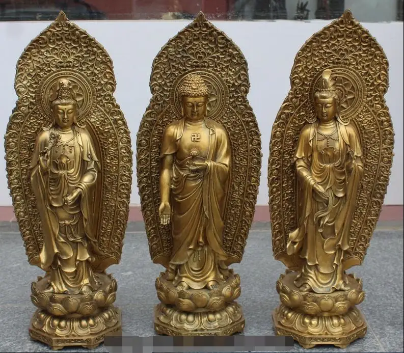 

Chinese Bronze Western Shakyamuni Shakyamuni Kwan-Yin Guan Yin 3 Gods Statue Set