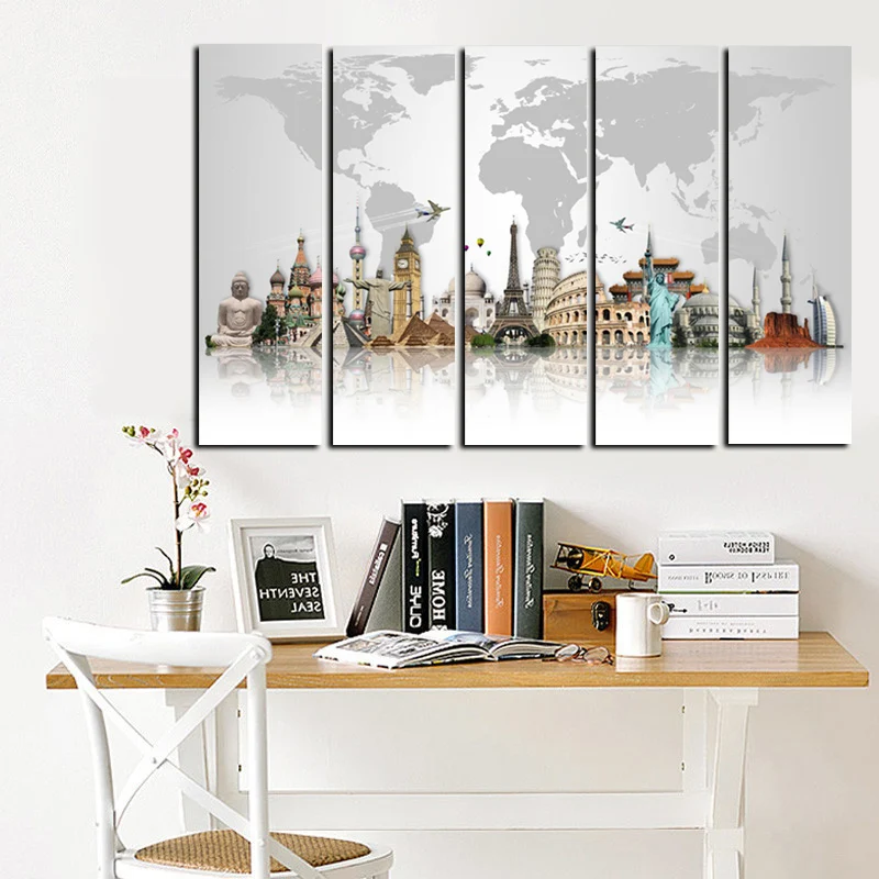 5Panel Large Size HD Prints 3D World Famous Buildings on Canvas Modular Wall Paintings Wall Art Picture For Living Room (2)