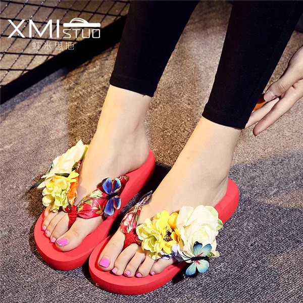 XMISTUO/Вьетнамки; женская летняя пляжная обувь; милые тапочки на толстой нескользящей подошве с цветком - Цвет: Red