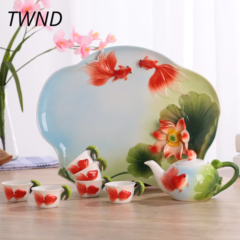 

Bone china lotus goldfish teapot cups with tea tray sets kung fu kettle mugs saucer tie guan yin puer tea lover gift drinkware