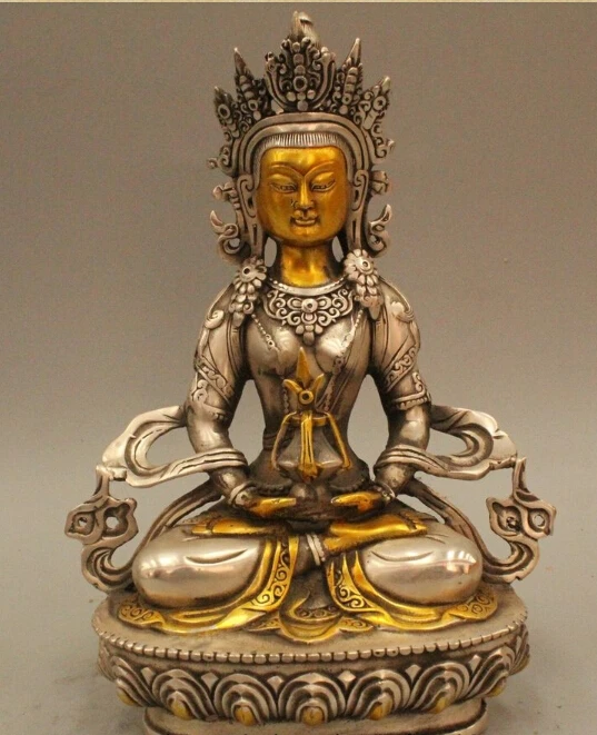 

8" Tibet Buddhism Silver Gild longevity God Goddess Statue Sculpture