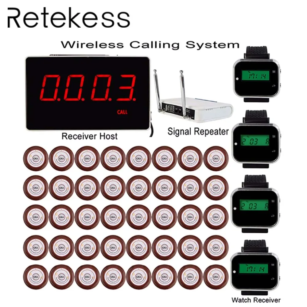 

Restaurant Pager Wireless Calling System 1 Receiver Host+4 Wrist Watch Receiver+Signal Repeater+40 Transmitter Call Button F3360