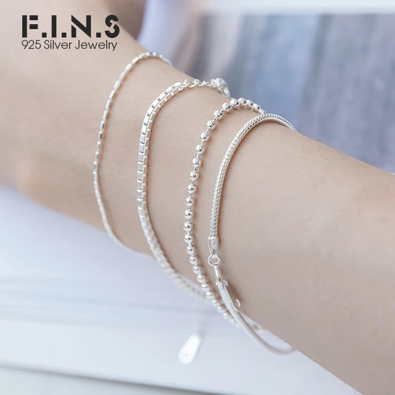 

F.I.N.S Korea Hot Style Minimalism 2mm Snake Bone Bead Box Chain Pure 925 Sterling Silver Charm Bracelets for Women Decoration