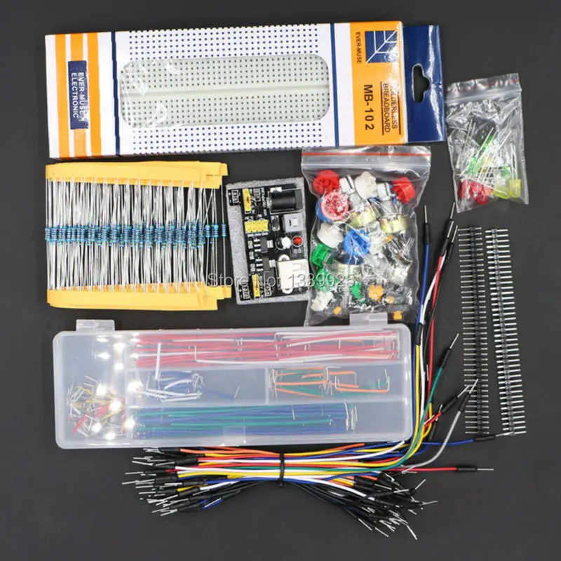 Günstig Freies Verschiffen risches teile paket + 3,3 V 5 V leistungsmodul + MB 102 830 punkte Breadboard + 65 Flexible kabel + jumper draht box